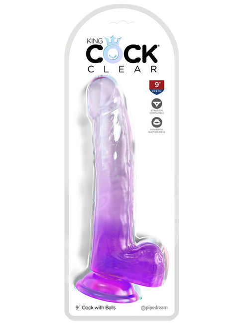 KING COCK CLEAR 9 IN. WITH BALLS - PURPLE